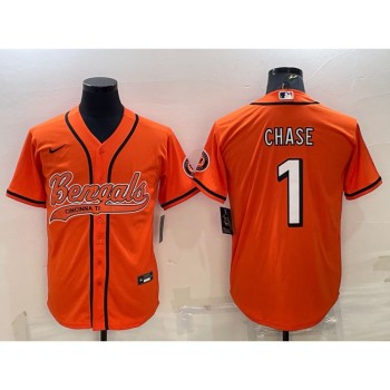 Men's Cincinnati Bengals #1 Ja'Marr Chase Orange With Patch Cool Base Stitched Baseball Jersey Men's Cincinnati Bengals #1 Ja'Marr Chase Orange With Patch Cool Base Stitched Baseball Jersey