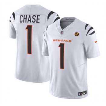 Men's Cincinnati Bengals #1 Ja'Marr Chase White 2023 F.U.S.E. With John Madden Patch Vapor Limited Stitched Football Jersey Men's Cincinnati Bengals #1 Ja'Marr Chase White 2023 F.U.S.E. With John Madden Patch Vapor Limited Stitched Football Jersey