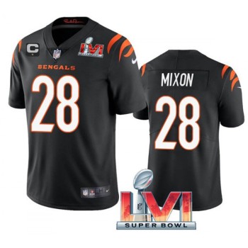 Men's Cincinnati Bengals #28 Joe Mixon 2022 Black With C Patch Super Bowl LVI Vapor Limited Stitched Jersey Men's Cincinnati Bengals #28 Joe Mixon 2022 Black With C Patch Super Bowl LVI Vapor Limited Stitched Jersey
