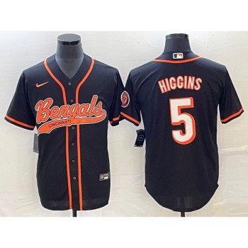 Men's Cincinnati Bengals #5 Tee Higgins Black With Patch Cool Base Stitched Baseball Jersey Men's Cincinnati Bengals #5 Tee Higgins Black With Patch Cool Base Stitched Baseball Jersey