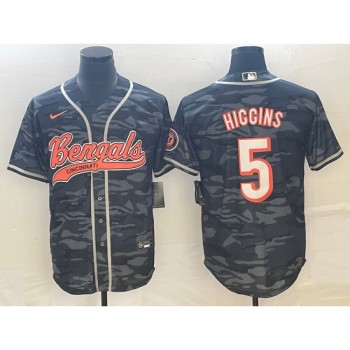 Men's Cincinnati Bengals #5 Tee Higgins Grey Camo With Patch Cool Base Stitched Baseball Jersey Men's Cincinnati Bengals #5 Tee Higgins Grey Camo With Patch Cool Base Stitched Baseball Jersey