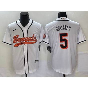 Men's Cincinnati Bengals #5 Tee Higgins White With Patch Cool Base Stitched Baseball Jersey Men's Cincinnati Bengals #5 Tee Higgins White With Patch Cool Base Stitched Baseball Jersey
