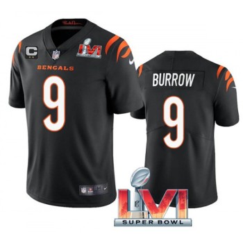 Men's Cincinnati Bengals #9 Joe Burrow 2022 Black With C Patch Super Bowl LVI Vapor Limited Stitched Jersey Men's Cincinnati Bengals #9 Joe Burrow 2022 Black With C Patch Super Bowl LVI Vapor Limited Stitched Jersey