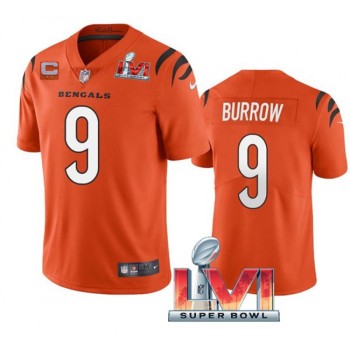 Men's Cincinnati Bengals #9 Joe Burrow 2022 Orange With C Patch Super Bowl LVI Vapor Limited Stitched Jersey Men's Cincinnati Bengals #9 Joe Burrow 2022 Orange With C Patch Super Bowl LVI Vapor Limited Stitched Jersey