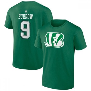 Men's Cincinnati Bengals #9 Joe Burrow Green St. Patrick's Day Icon Player T-Shirt Men's Cincinnati Bengals #9 Joe Burrow Green St. Patrick's Day Icon Player T-Shirt