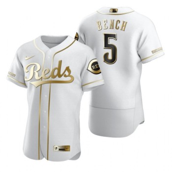 Men's Cincinnati Reds #5 Johnny Bench 2020 White Golden Flex Base Stitched MLB Jersey Men's Cincinnati Reds #5 Johnny Bench 2020 White Golden Flex Base Stitched MLB Jersey