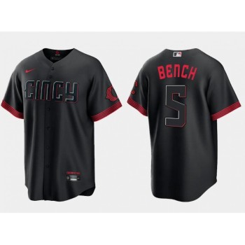 Men's Cincinnati Reds #5 Johnny Bench Black 2023 City Connect Cool Base Stitched Baseball Jersey Men's Cincinnati Reds #5 Johnny Bench Black 2023 City Connect Cool Base Stitched Baseball Jersey