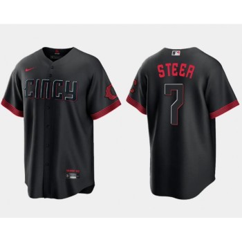 Men's Cincinnati Reds #7 Spencer Steer Black 2023 City Connect Cool Base Stitched Baseball Jersey Men's Cincinnati Reds #7 Spencer Steer Black 2023 City Connect Cool Base Stitched Baseball Jersey