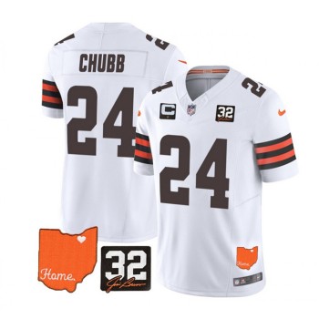 Men's Cleveland Browns #24 Nick Chubb White 2023 F.U.S.E. With Jim Brown Memorial Patch And 1-Star C Patch Vapor Untouchable Limited Stitched Jersey Men's Cleveland Browns #24 Nick Chubb White 2023 F.U.S.E. With Jim Brown Memorial Patch And 1-Star C Patch Vapor Untouchable Limited Stitched Jersey