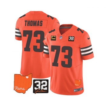 Men's Cleveland Browns #73 Joe Thomas Orange 2023 F.U.S.E. With Jim Brown Memorial Patch And 4-Star C Patch Vapor Untouchable Limited Stitched Jersey Men's Cleveland Browns #73 Joe Thomas Orange 2023 F.U.S.E. With Jim Brown Memorial Patch And 4-Star C Patch Vapor Untouchable Limited Stitched Jersey