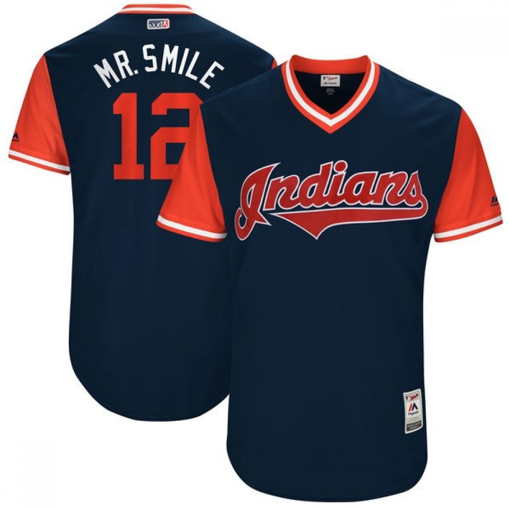 Men's Cleveland indians #12 Francisco Lindor 'Mr. Smile'Navy/Red Cool Base Stitched Baseball Jersey