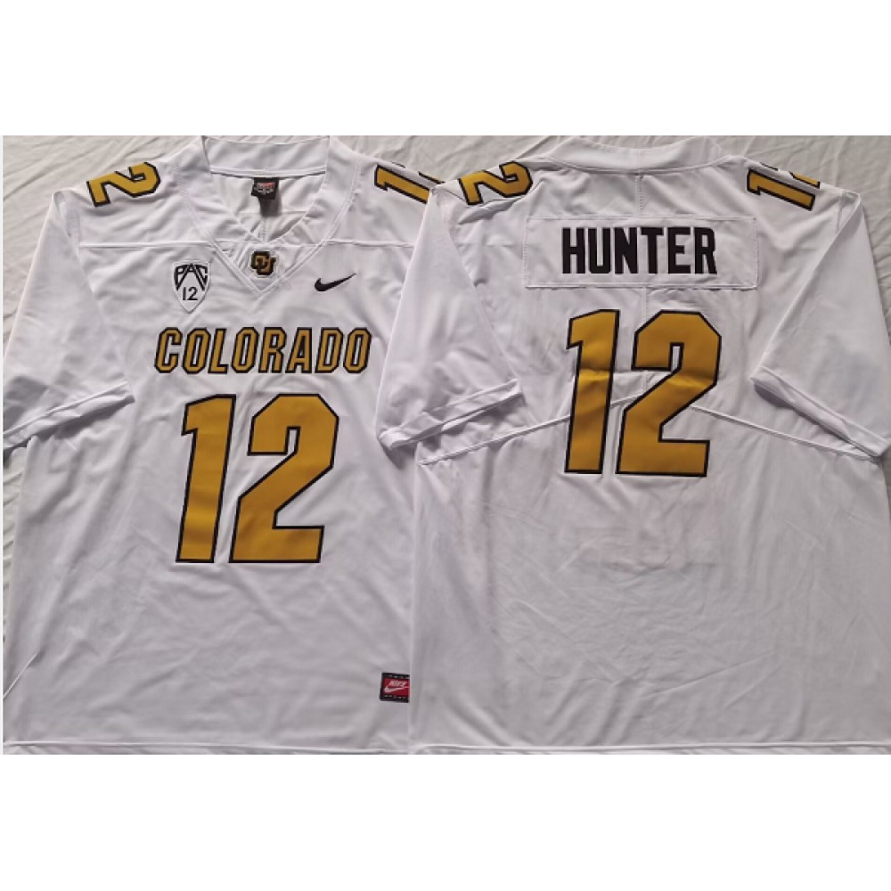 Men's Colorado Buffaloes #12 Travis Hunter White With PAC-12 Patch  Stitched Football Jersey