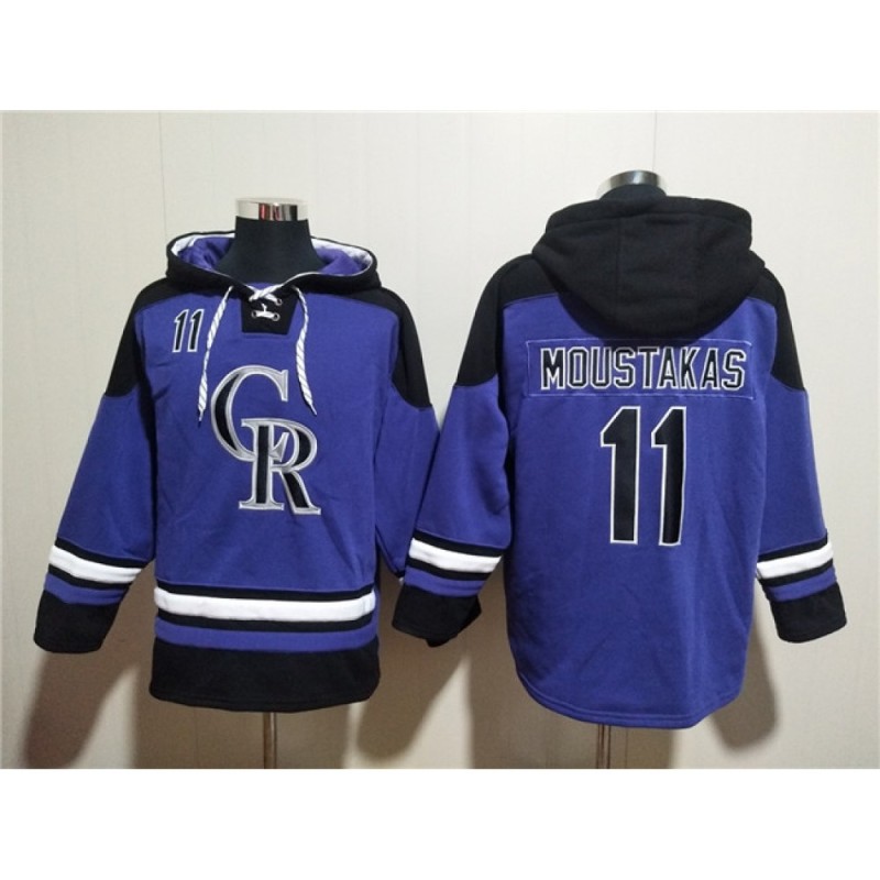 Men's Colorado Rockies #11 Mike Moustakas Purple Ageless Must-Have Lace-Up Pullover Hoodie Men's Colorado Rockies #11 Mike Moustakas Purple Ageless Must-Have Lace-Up Pullover Hoodie