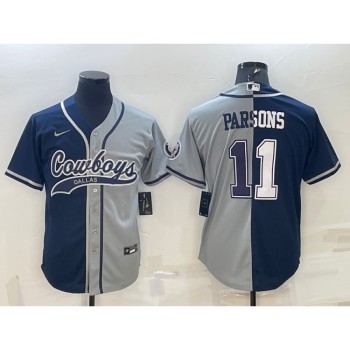 Men's Dallas Cowboys #11 Micah Parsons Navy/Grey Split With Patch Cool Base Stitched Baseball Jersey Men's Dallas Cowboys #11 Micah Parsons Navy/Grey Split With Patch Cool Base Stitched Baseball Jersey
