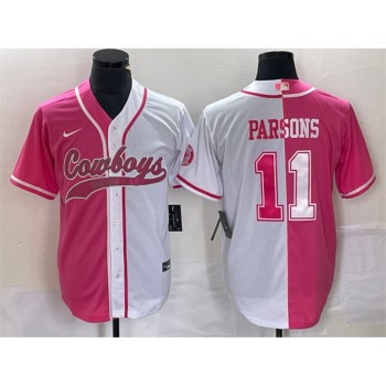 Men's Dallas Cowboys #11 Micah Parsons Pink/White Split Cool Base Stitched Baseball Jersey Men's Dallas Cowboys #11 Micah Parsons Pink/White Split Cool Base Stitched Baseball Jersey