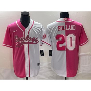 Men's Dallas Cowboys #20 Tony Pollard Pink/White Split Cool Base Stitched Baseball Jersey Men's Dallas Cowboys #20 Tony Pollard Pink/White Split Cool Base Stitched Baseball Jersey