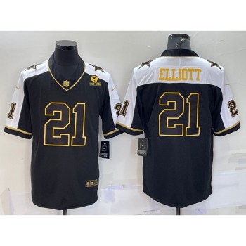 Men's Dallas Cowboys #21 Ezekiel Elliott Black Gold Thanksgiving With Patch Stitched Jersey Men's Dallas Cowboys #21 Ezekiel Elliott Black Gold Thanksgiving With Patch Stitched Jersey