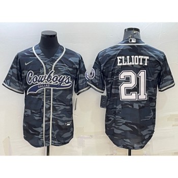 Men's Dallas Cowboys #21 Ezekiel Elliott Grey Camo With Patch Cool Base Stitched Baseball Jersey Men's Dallas Cowboys #21 Ezekiel Elliott Grey Camo With Patch Cool Base Stitched Baseball Jersey