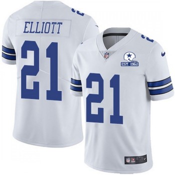 Men's Dallas Cowboys #21 Ezekiel Elliott White With Established In 1960 Patch Limited Stitched Jersey Men's Dallas Cowboys #21 Ezekiel Elliott White With Established In 1960 Patch Limited Stitched Jersey