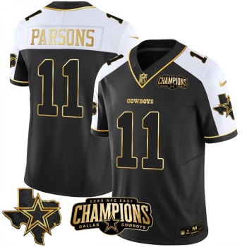Men's Dallas Cowboys #11 Micah Parsons Black/White/Gold 2023 F.U.S.E. NFC East Champions Patch Stitched Football Jersey Men's Dallas Cowboys #11 Micah Parsons Black/White/Gold 2023 F.U.S.E. NFC East Champions Patch Stitched Football Jersey