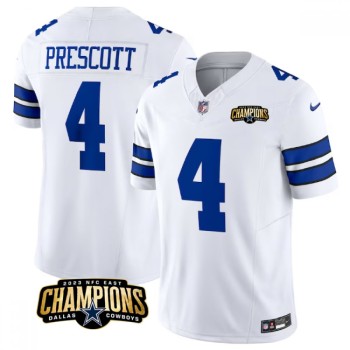 Men's Dallas Cowboys #4 Dak Prescott White 2023 F.U.S.E. NFC East Champions Patch Stitched Football Jersey Men's Dallas Cowboys #4 Dak Prescott White 2023 F.U.S.E. NFC East Champions Patch Stitched Football Jersey