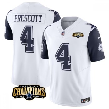 Men's Dallas Cowboys #4 Dak Prescott White/Navy 2023 F.U.S.E. NFC East Champions Patch Stitched Football Jersey Men's Dallas Cowboys #4 Dak Prescott White/Navy 2023 F.U.S.E. NFC East Champions Patch Stitched Football Jersey