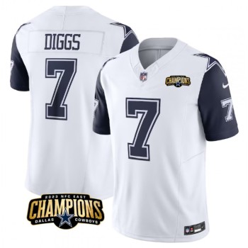 Men's Dallas Cowboys #7 Trevon Diggs White/Navy 2023 F.U.S.E. NFC East Champions Patch Stitched Football Jersey Men's Dallas Cowboys #7 Trevon Diggs White/Navy 2023 F.U.S.E. NFC East Champions Patch Stitched Football Jersey