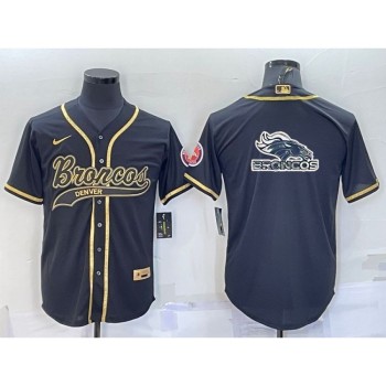 Men's Denver Broncos Black Gold Team Big Logo With Patch Cool Base Stitched Baseball Jersey Men's Denver Broncos Black Gold Team Big Logo With Patch Cool Base Stitched Baseball Jersey