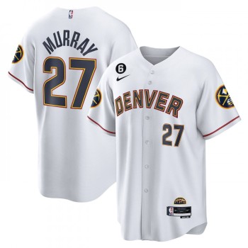 Men's Denver Nuggets #27 Jamal Murray White With No.6 Patch Cool Base Stitched Baseball Jersey Men's Denver Nuggets #27 Jamal Murray White With No.6 Patch Cool Base Stitched Baseball Jersey