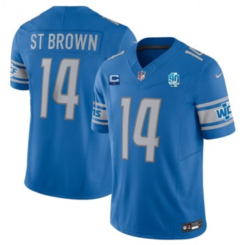 Men's Detroit Lions #14 Amon-Ra St. Brown Blue 2023 F.U.S.E. With 1-Star C Patch And 90th Anniversary Patch Vapor Untouchable Limited Stitched Jersey Men's Detroit Lions #14 Amon-Ra St. Brown Blue 2023 F.U.S.E. With 1-Star C Patch And 90th Anniversary Patch Vapor Untouchable Limited Stitched Jersey
