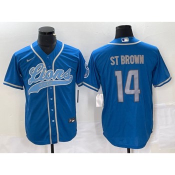Men's Detroit Lions #14 Amon-Ra St. Brown Blue Cool Base Stitched Baseball Jersey Men's Detroit Lions #14 Amon-Ra St. Brown Blue Cool Base Stitched Baseball Jersey