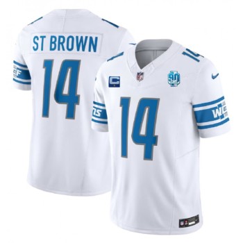 Men's Detroit Lions #14 Amon-Ra St. Brown White 2023 F.U.S.E. With 1-Star C Patch And 90th Anniversary Patch Vapor Untouchable Limited Stitched Jersey Men's Detroit Lions #14 Amon-Ra St. Brown White 2023 F.U.S.E. With 1-Star C Patch And 90th Anniversary Patch Vapor Untouchable Limited Stitched Jersey