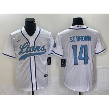 Men's Detroit Lions #14 Amon-Ra St. Brown White Cool Base Stitched Baseball Jersey Men's Detroit Lions #14 Amon-Ra St. Brown White Cool Base Stitched Baseball Jersey