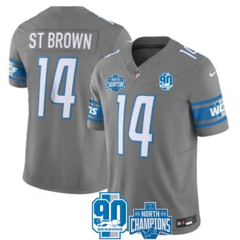 Men's Detroit Lions #14 Amon-Ra St. Brown Grey 2023 F.U.S.E. 90th Anniversary NFC North Division Champions Vapor Untouchable Limited Stitched Jersey Men's Detroit Lions #14 Amon-Ra St. Brown Grey 2023 F.U.S.E. 90th Anniversary NFC North Division Champions Vapor Untouchable Limited Stitched Jersey