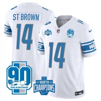 Men's Detroit Lions #14 Amon-Ra St. Brown White 2023 F.U.S.E. 90th Anniversary NFC North Division Champions Vapor Untouchable Limited Stitched Jersey Men's Detroit Lions #14 Amon-Ra St. Brown White 2023 F.U.S.E. 90th Anniversary NFC North Division Champions Vapor Untouchable Limited Stitched Jersey