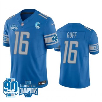 Men's Detroit Lions #16 Jared Goff Blue 2023 F.U.S.E. 90th Anniversary NFC North Division Champions Vapor Untouchable Limited Stitched Jersey Men's Detroit Lions #16 Jared Goff Blue 2023 F.U.S.E. 90th Anniversary NFC North Division Champions Vapor Untouchable Limited Stitched Jersey