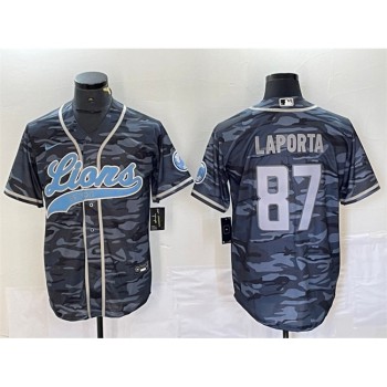 Men's Detroit Lions #87 Sam LaPorta Grey Camo Cool Base Stitched Baseball Jersey Men's Detroit Lions #87 Sam LaPorta Grey Camo Cool Base Stitched Baseball Jersey