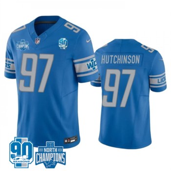 Men's Detroit Lions #97 Aidan Hutchinson Blue 2023 F.U.S.E. 90th AnniversaryNFC North Division Champions Vapor Untouchable Limited Stitched Jersey Men's Detroit Lions #97 Aidan Hutchinson Blue 2023 F.U.S.E. 90th AnniversaryNFC North Division Champions Vapor Untouchable Limited Stitched Jersey