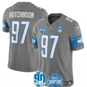 Men's Detroit Lions #97 Aidan Hutchinson Grey 2023 F.U.S.E. 90th Anniversary NFC North Division Champions Vapor Untouchable Limited Stitched Jersey Men's Detroit Lions #97 Aidan Hutchinson Grey 2023 F.U.S.E. 90th Anniversary NFC North Division Champions Vapor Untouchable Limited Stitched Jersey