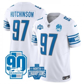 Men's Detroit Lions #97 Aidan Hutchinson White 2023 F.U.S.E. 90th Anniversary NFC North Division Champions Vapor Untouchable Limited Stitched Jersey Men's Detroit Lions #97 Aidan Hutchinson White 2023 F.U.S.E. 90th Anniversary NFC North Division Champions Vapor Untouchable Limited Stitched Jersey