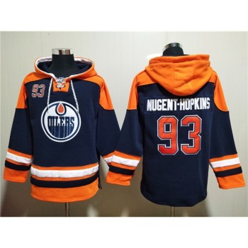 Men's Edmonton Oilers #93 Ryan Nugent-Hopkins Navy Lace-Up Pullover Hoodie Men's Edmonton Oilers #93 Ryan Nugent-Hopkins Navy Lace-Up Pullover Hoodie