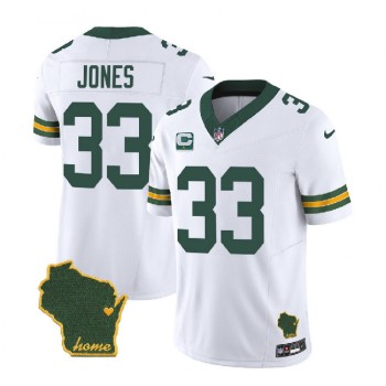Men's Green Bay Packers #33 Aaron Jones White 2023 F.U.S.E. Home Patch And 1-Star C Patch Vapor Untouchable Limited Stitched Jersey Men's Green Bay Packers #33 Aaron Jones White 2023 F.U.S.E. Home Patch And 1-Star C Patch Vapor Untouchable Limited Stitched Jersey