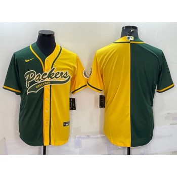 Men's Green Bay Packers Blank Green/Yellow Split With Patch Cool Base Stitched Baseball Jersey Men's Green Bay Packers Blank Green/Yellow Split With Patch Cool Base Stitched Baseball Jersey