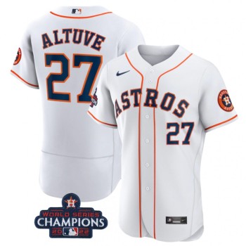 Men's Houston Astros #27 Jose Altuve White 2022 World Series Champions Flex Base Stitched Baseball Jersey Men's Houston Astros #27 Jose Altuve White 2022 World Series Champions Flex Base Stitched Baseball Jersey
