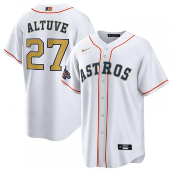 Men's Houston Astros #27 Jose Altuve White 2023 Gold Collection With World Serise Champions Patch Cool Base Stitched Baseball Jersey Men's Houston Astros #27 Jose Altuve White 2023 Gold Collection With World Serise Champions Patch Cool Base Stitched Baseball Jersey