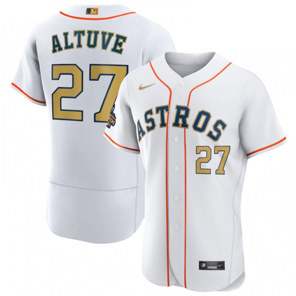 Men's Houston Astros #27 Jose Altuve White 2023 Gold Collection With World Serise Champions Patch Stitched Baseball Jersey