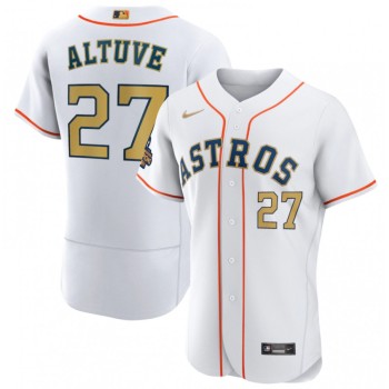 Men's Houston Astros #27 Jose Altuve White 2023 Gold Collection With World Serise Champions Patch Stitched Baseball Jersey Men's Houston Astros #27 Jose Altuve White 2023 Gold Collection With World Serise Champions Patch Stitched Baseball Jersey