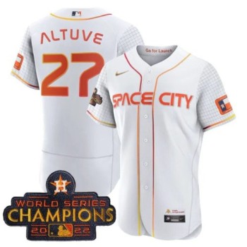Men's Houston Astros #27 Jose Altuve White With 2022 World Serise Champions Patch Stitched Baseball Jersey Men's Houston Astros #27 Jose Altuve White With 2022 World Serise Champions Patch Stitched Baseball Jersey