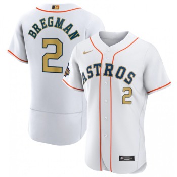 Men's Houston Astros #2 Alex Bregman White 2023 Gold Collection With World Serise Champions Patch Stitched Baseball Jersey Men's Houston Astros #2 Alex Bregman White 2023 Gold Collection With World Serise Champions Patch Stitched Baseball Jersey