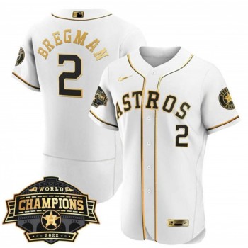 Men's Houston Astros #2 Alex Bregman White/Gold 2022 World Series Champions Flex Base Stitched Baseball Jersey Men's Houston Astros #2 Alex Bregman White/Gold 2022 World Series Champions Flex Base Stitched Baseball Jersey